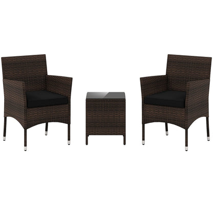 3 Pieces Outdoor Conversation Set with Cushioned Seat and Glass Tabletop, Black Patio Conversation Sets Black at Gallery Canada