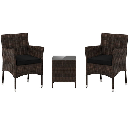 3 Pieces Outdoor Conversation Set with Cushioned Seat and Glass Tabletop, Black