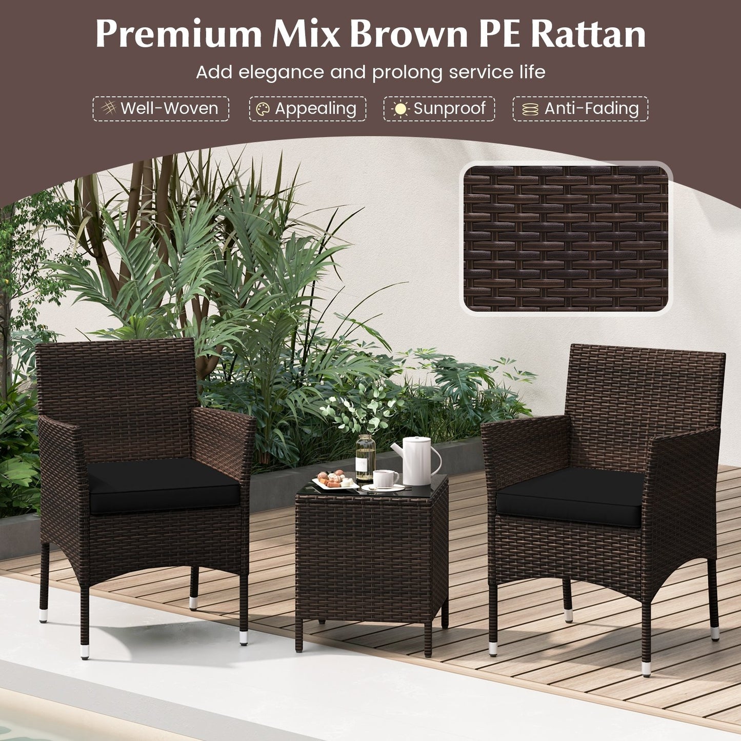 3 Pieces Outdoor Conversation Set with Cushioned Seat and Glass Tabletop, Black Patio Conversation Sets at Gallery Canada