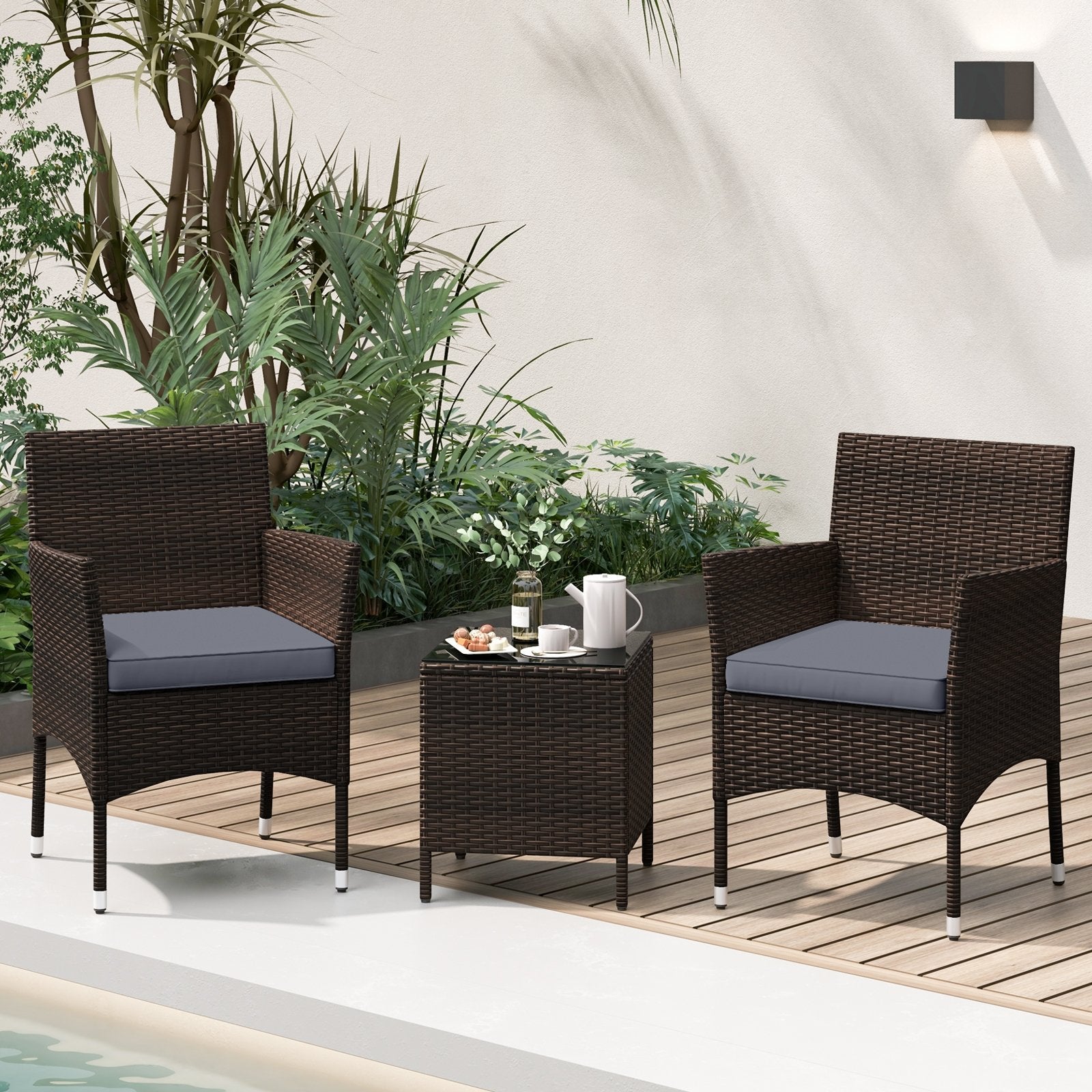 3 Pieces Outdoor Conversation Set with Cushioned Seat and Glass Tabletop, Gray Patio Conversation Sets at Gallery Canada