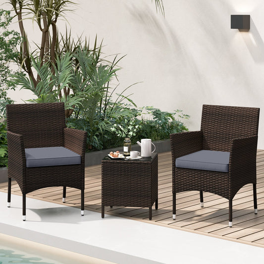 3 Pieces Outdoor Conversation Set with Cushioned Seat and Glass Tabletop, Gray Patio Conversation Sets Gray at Gallery Canada