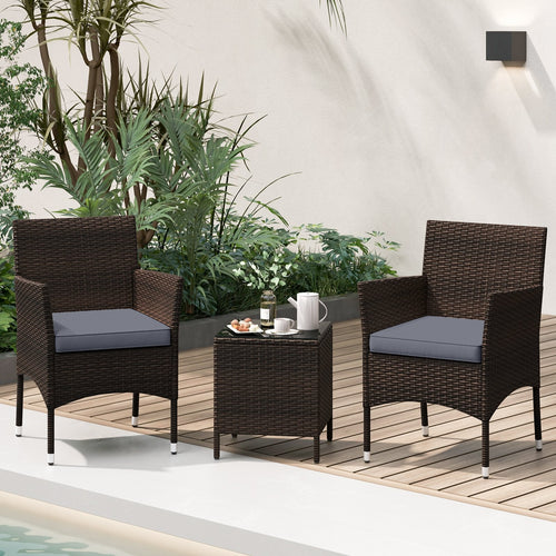 3 Pieces Outdoor Conversation Set with Cushioned Seat and Glass Tabletop, Gray