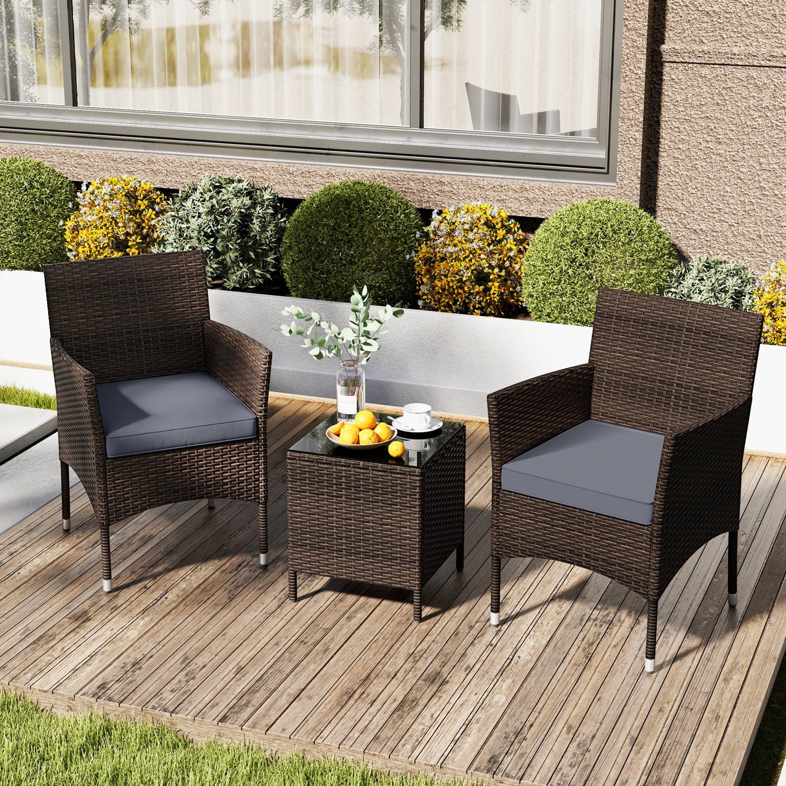 3 Pieces Outdoor Conversation Set with Cushioned Seat and Glass Tabletop, Gray Patio Conversation Sets at Gallery Canada