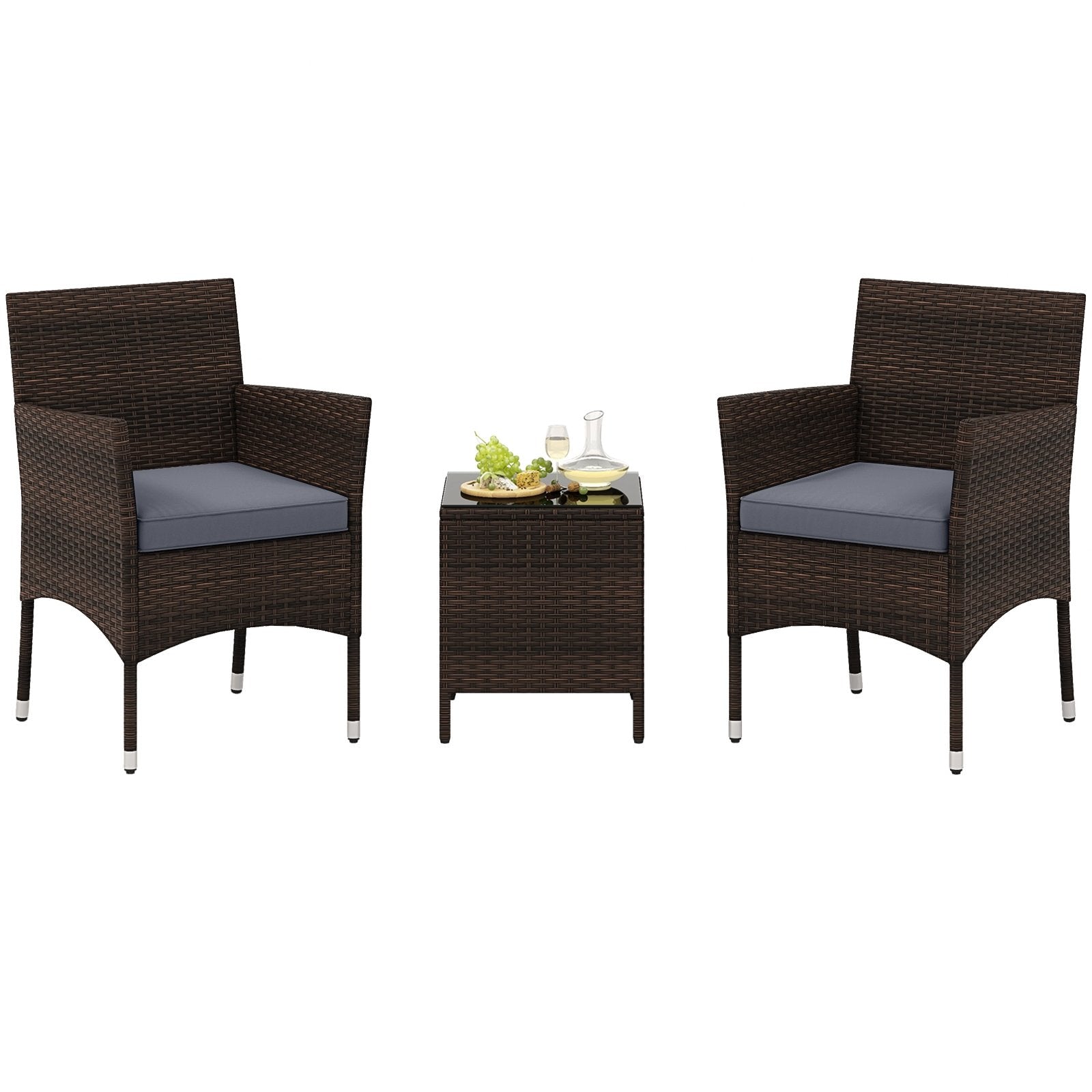 3 Pieces Outdoor Conversation Set with Cushioned Seat and Glass Tabletop, Gray Patio Conversation Sets at Gallery Canada