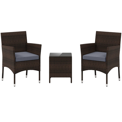 3 Pieces Outdoor Conversation Set with Cushioned Seat and Glass Tabletop, Gray