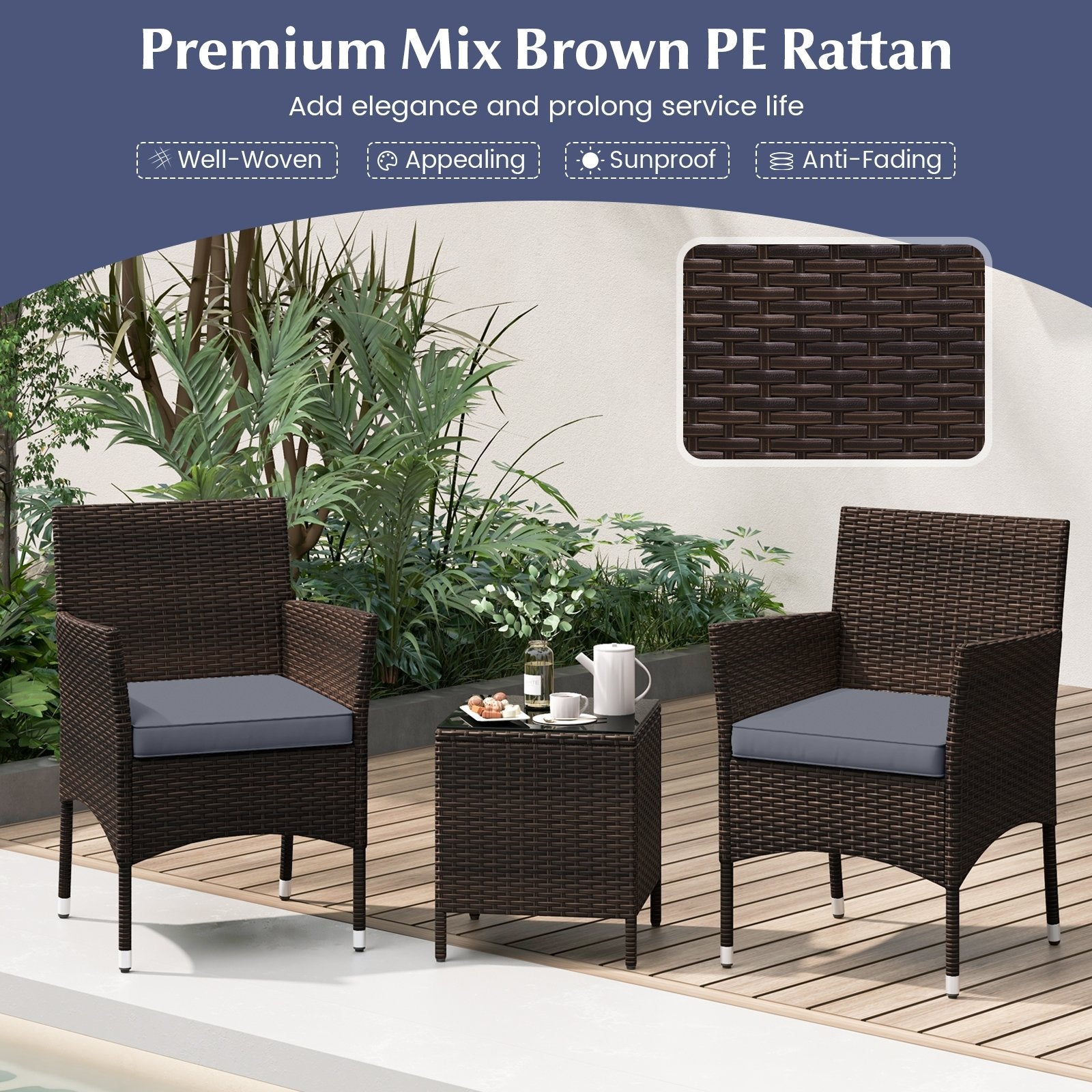 3 Pieces Outdoor Conversation Set with Cushioned Seat and Glass Tabletop, Gray Patio Conversation Sets at Gallery Canada