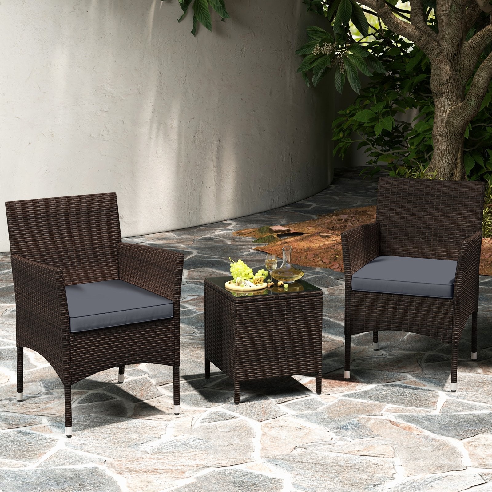 3 Pieces Outdoor Conversation Set with Cushioned Seat and Glass Tabletop, Gray Patio Conversation Sets at Gallery Canada