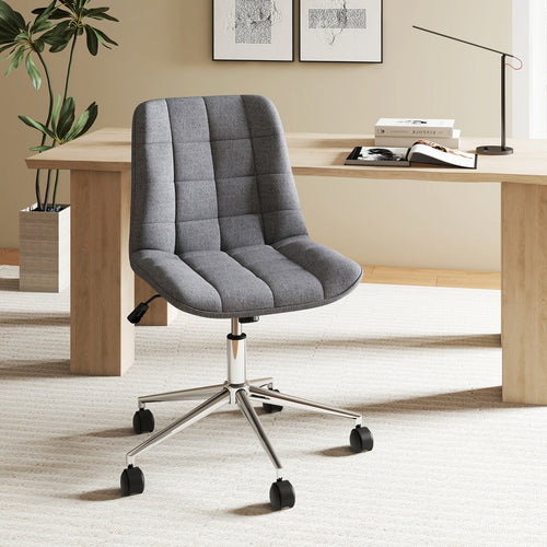 Armless Office Chair Upholstered Makeup Vanity Chair with Adjustable Height and Wheels-Grey, Gray