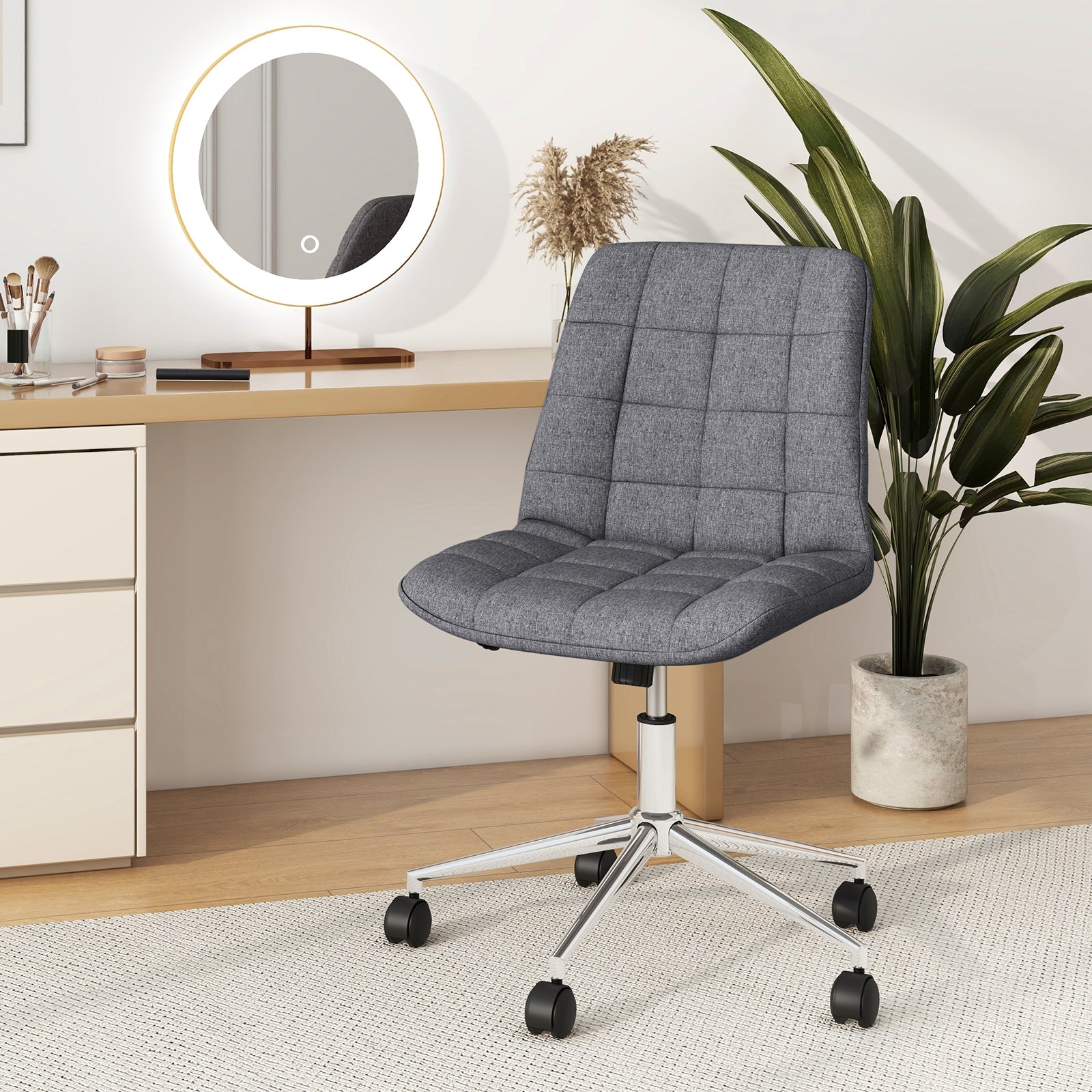 Armless Office Chair Upholstered Makeup Vanity Chair with Adjustable Height and Wheels-Grey, Gray Armless Chairs at Gallery Canada