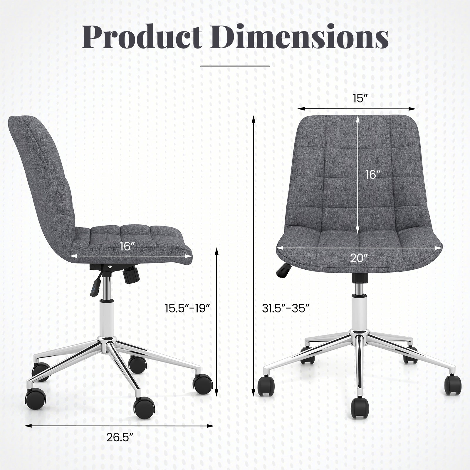 Armless Office Chair Upholstered Makeup Vanity Chair with Adjustable Height and Wheels-Grey, Gray Armless Chairs at Gallery Canada