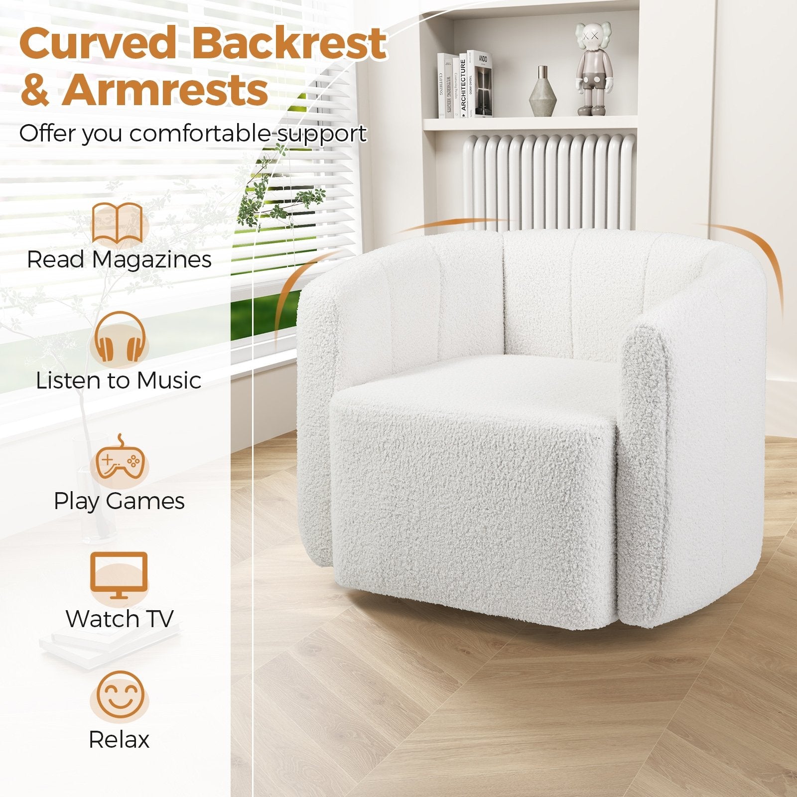 Modern Upholstered Sherpa Accent Chair with Curved Backrest and Armrests, White Sofas & Loveseats at Gallery Canada