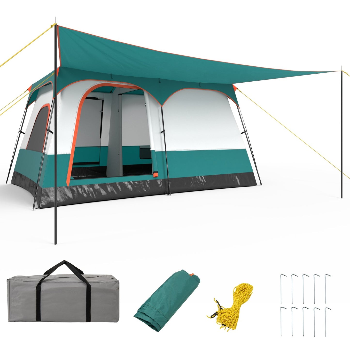 6-8 Person Camping Tent with Double Rooms and 2 Doors, Green Tents at Gallery Canada