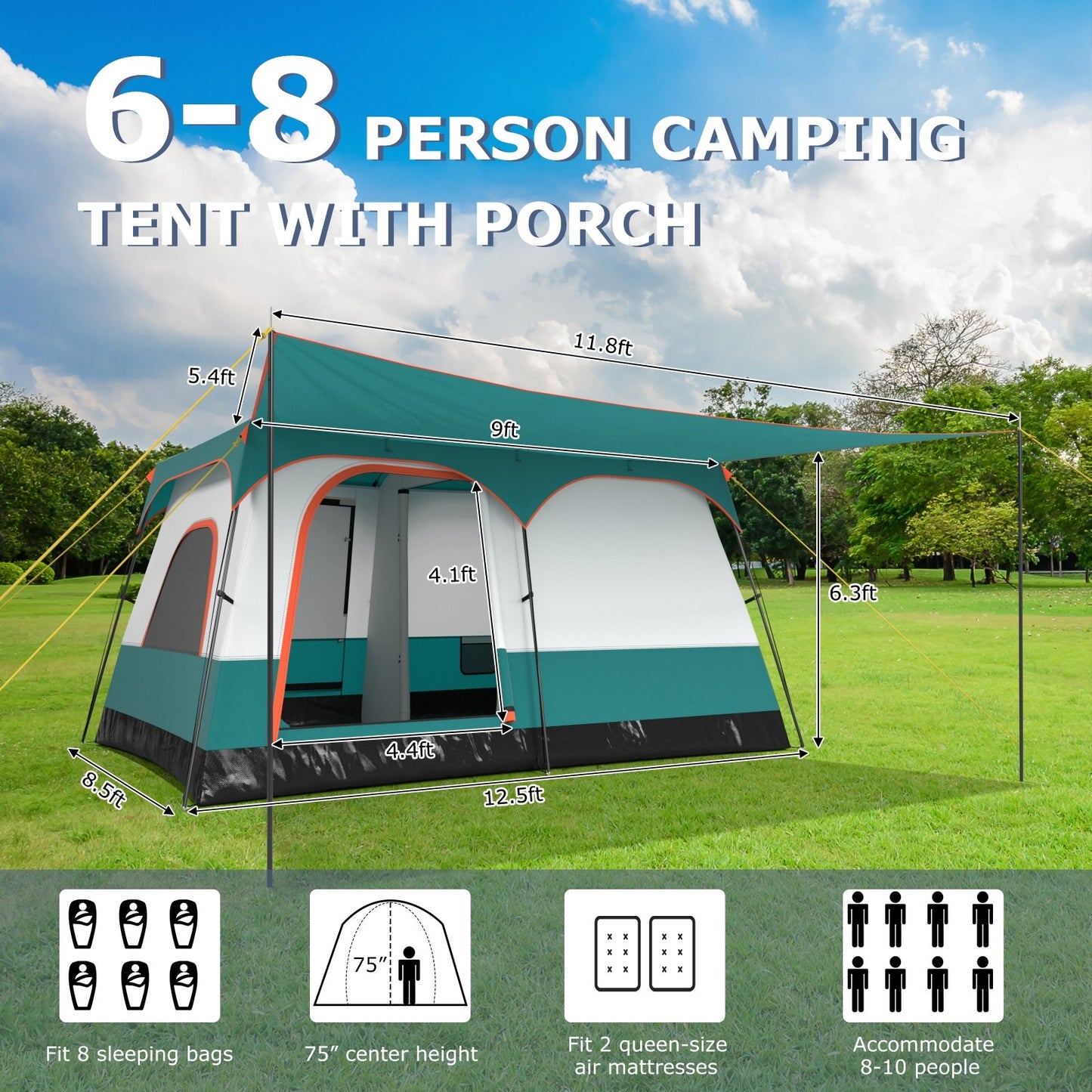 6-8 Person Camping Tent with Double Rooms and 2 Doors, Green Tents at Gallery Canada