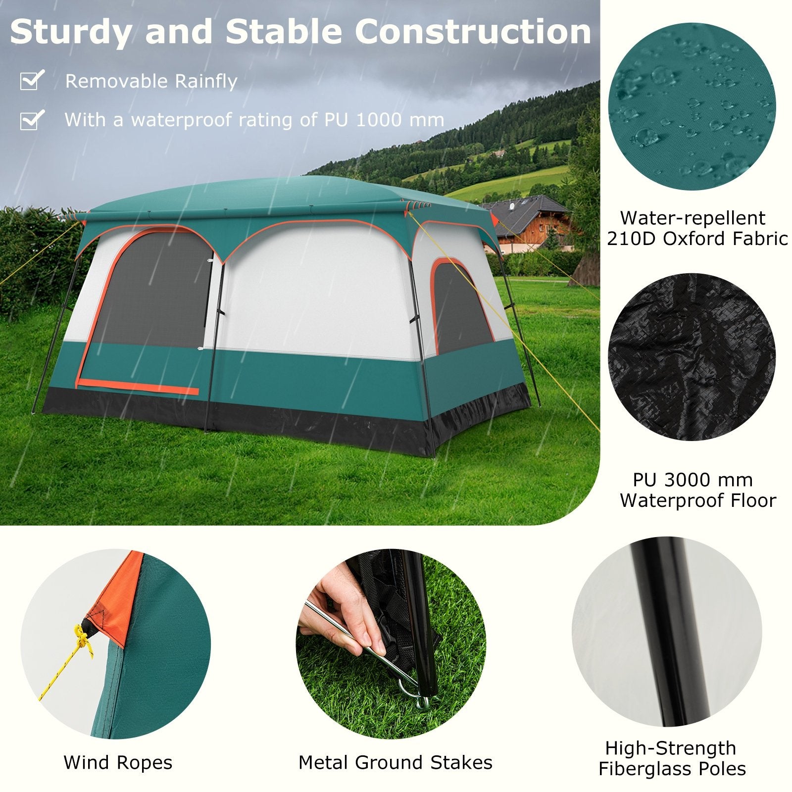 6-8 Person Camping Tent with Double Rooms and 2 Doors, Green Tents at Gallery Canada