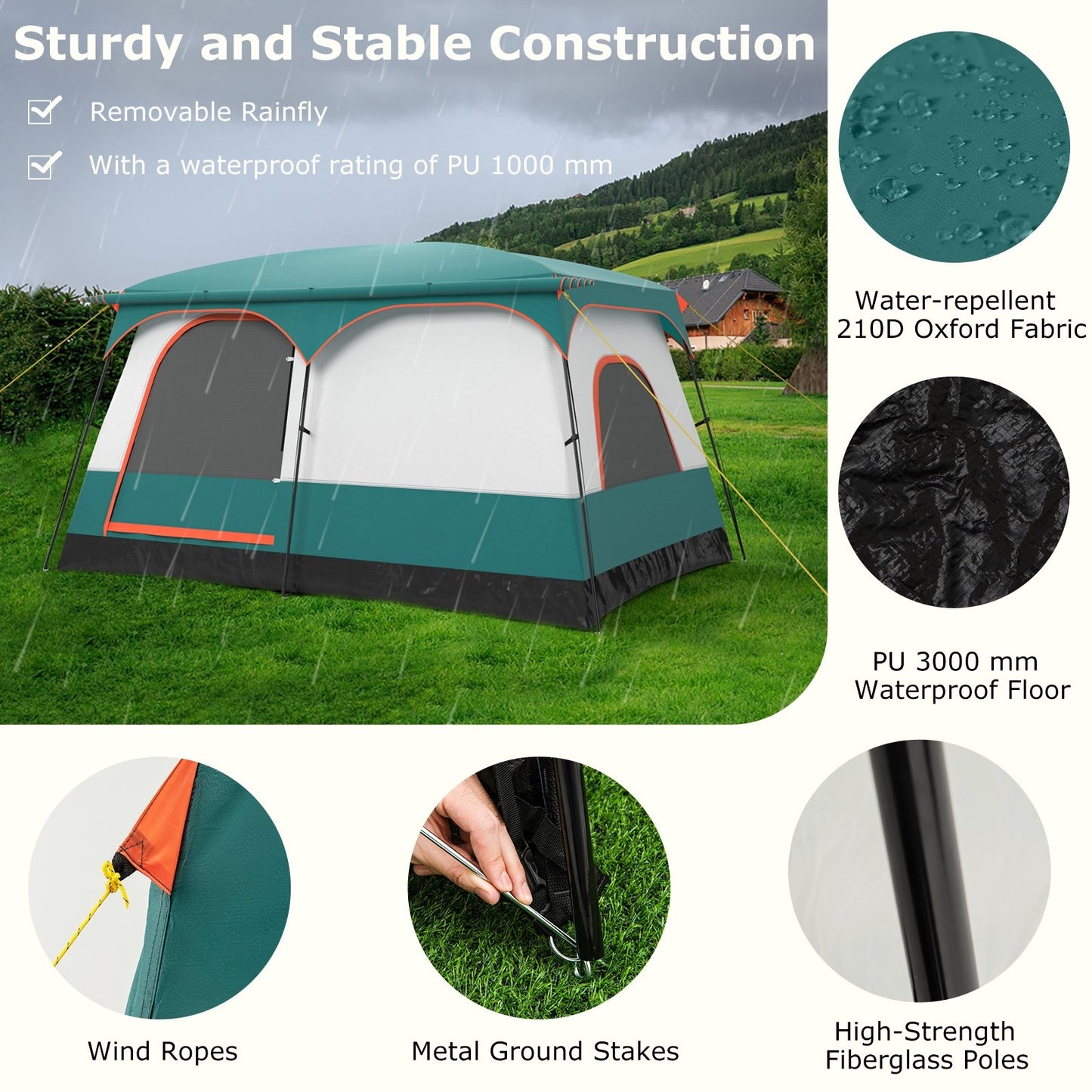 6-8 Person Camping Tent with Double Rooms and 2 Doors, Green Tents at Gallery Canada