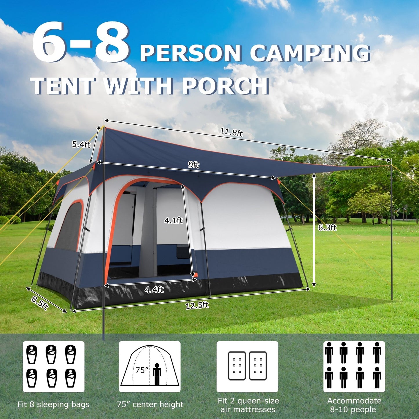 6-8 Person Camping Tent with Double Rooms and 2 Doors, Navy Tents at Gallery Canada