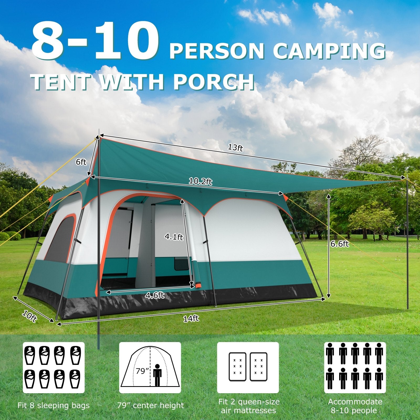 8-10 Person Camping Tent with Double Rooms and 2 Doors, Green Tents at Gallery Canada