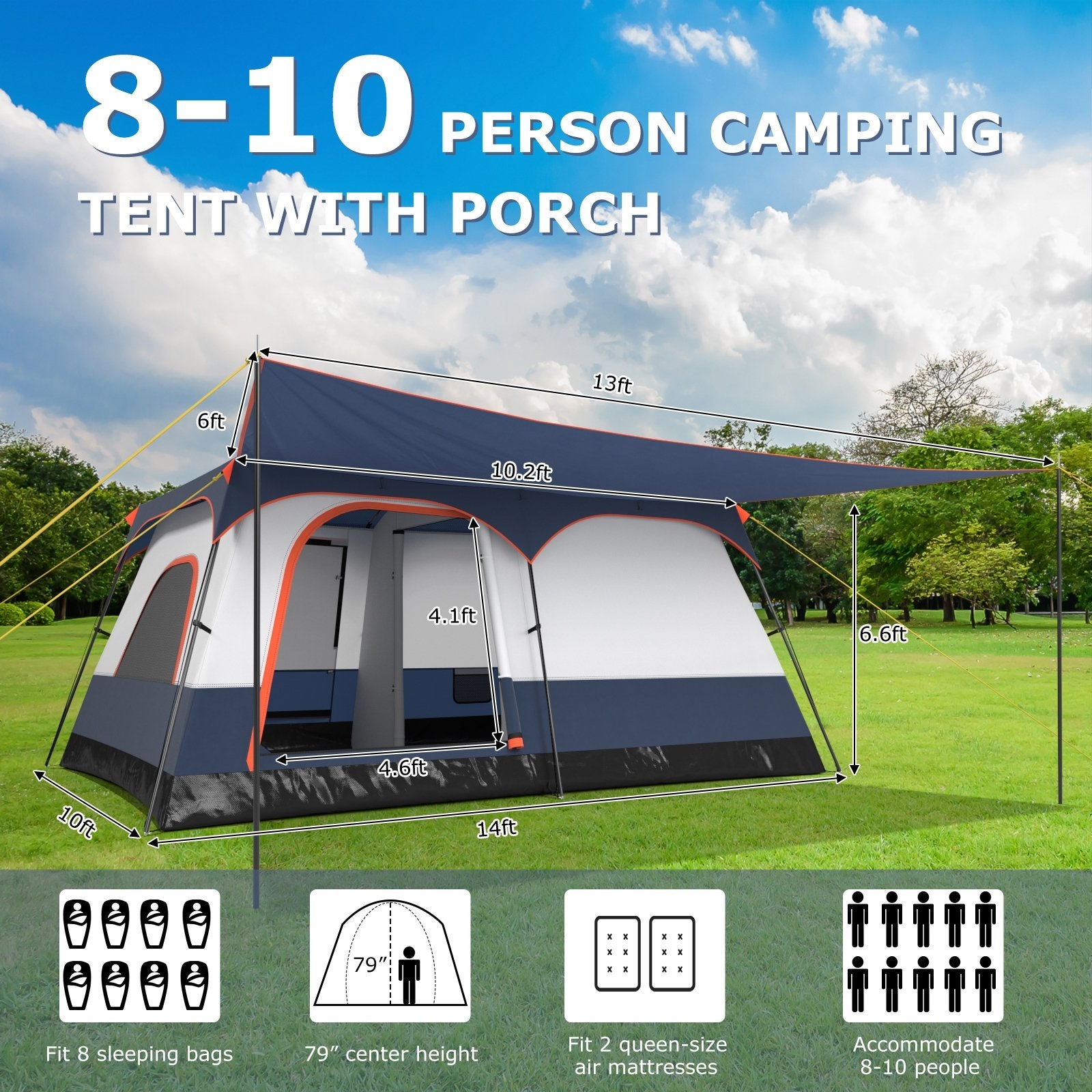 8-10 Person Camping Tent with Double Rooms and 2 Doors, Navy Tents at Gallery Canada