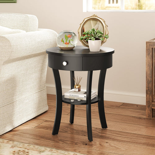 2-Tier Wood Round End Table with Open Drawer, Black