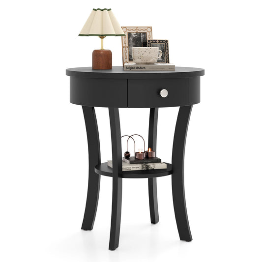 2-Tier Wood Round End Table with Open Drawer, Black End & Side Tables Black at Gallery Canada