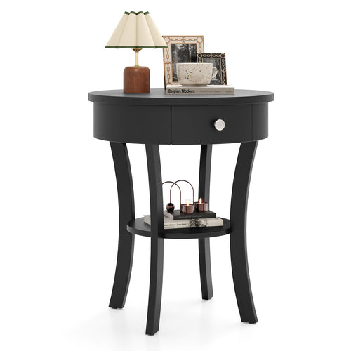 2-Tier Wood Round End Table with Open Drawer, Black