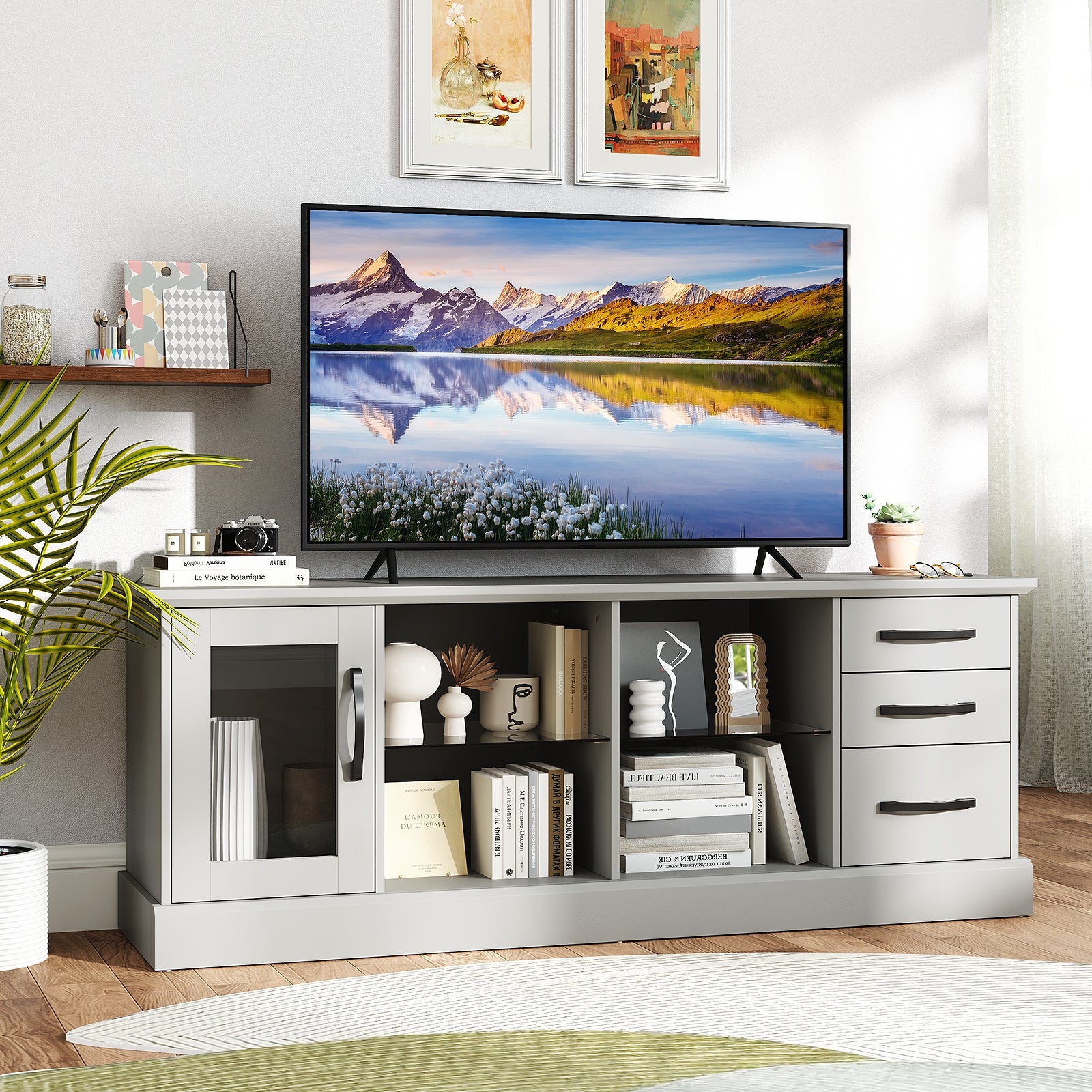 63 Inches Media Console Table with 3 Drawers and 2 Glass Shelves, Gray Entertainment Centers & TV Stands at Gallery Canada