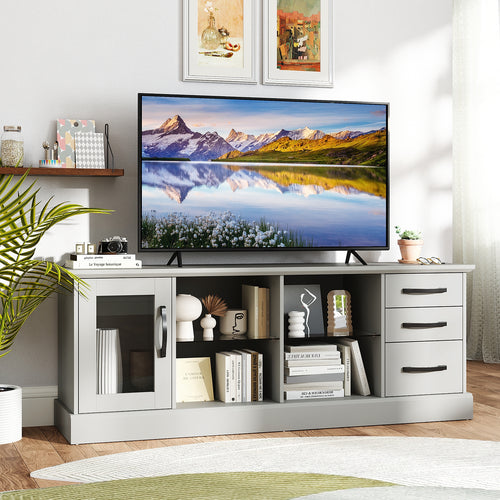 63 Inches Media Console Table with 3 Drawers and 2 Glass Shelves, Gray