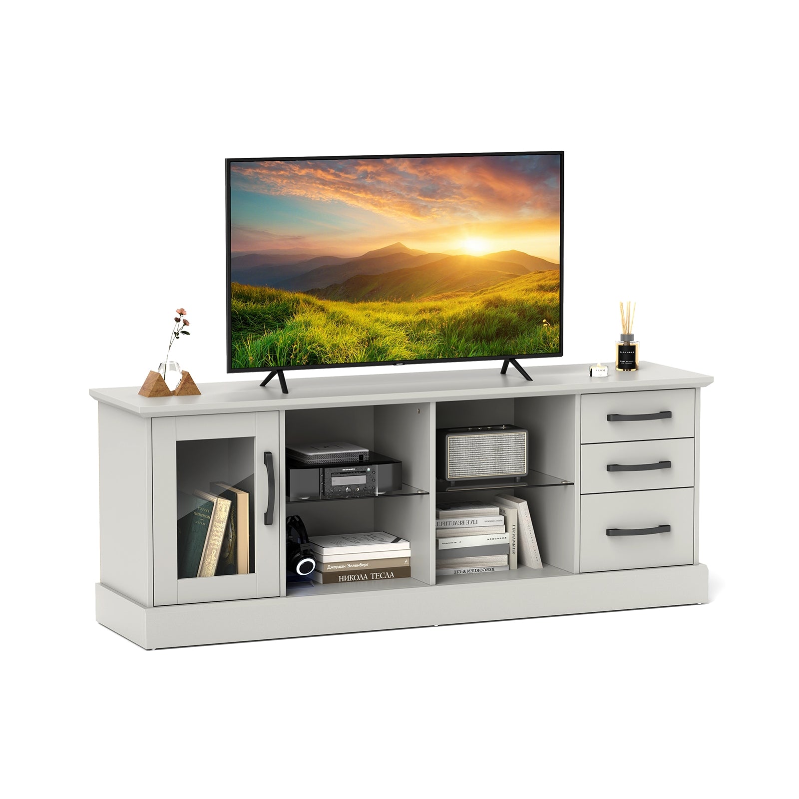 63 Inches Media Console Table with 3 Drawers and 2 Glass Shelves, Gray Entertainment Centers & TV Stands at Gallery Canada