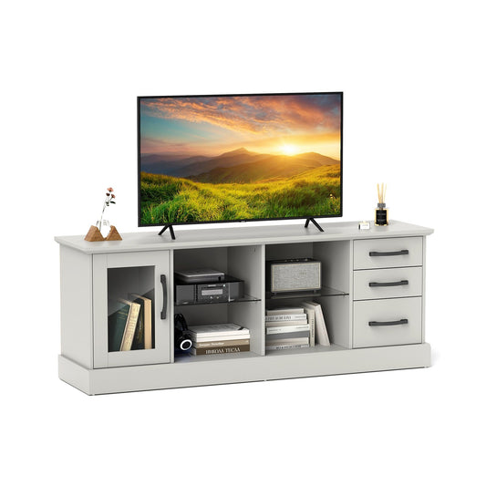 63 Inches Media Console Table with 3 Drawers and 2 Glass Shelves, Gray Entertainment Centers & TV Stands Gray at Gallery Canada