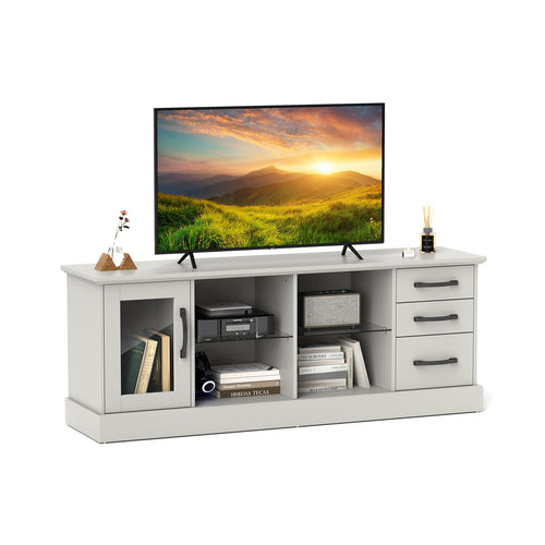 63 Inches Media Console Table with 3 Drawers and 2 Glass Shelves, Gray