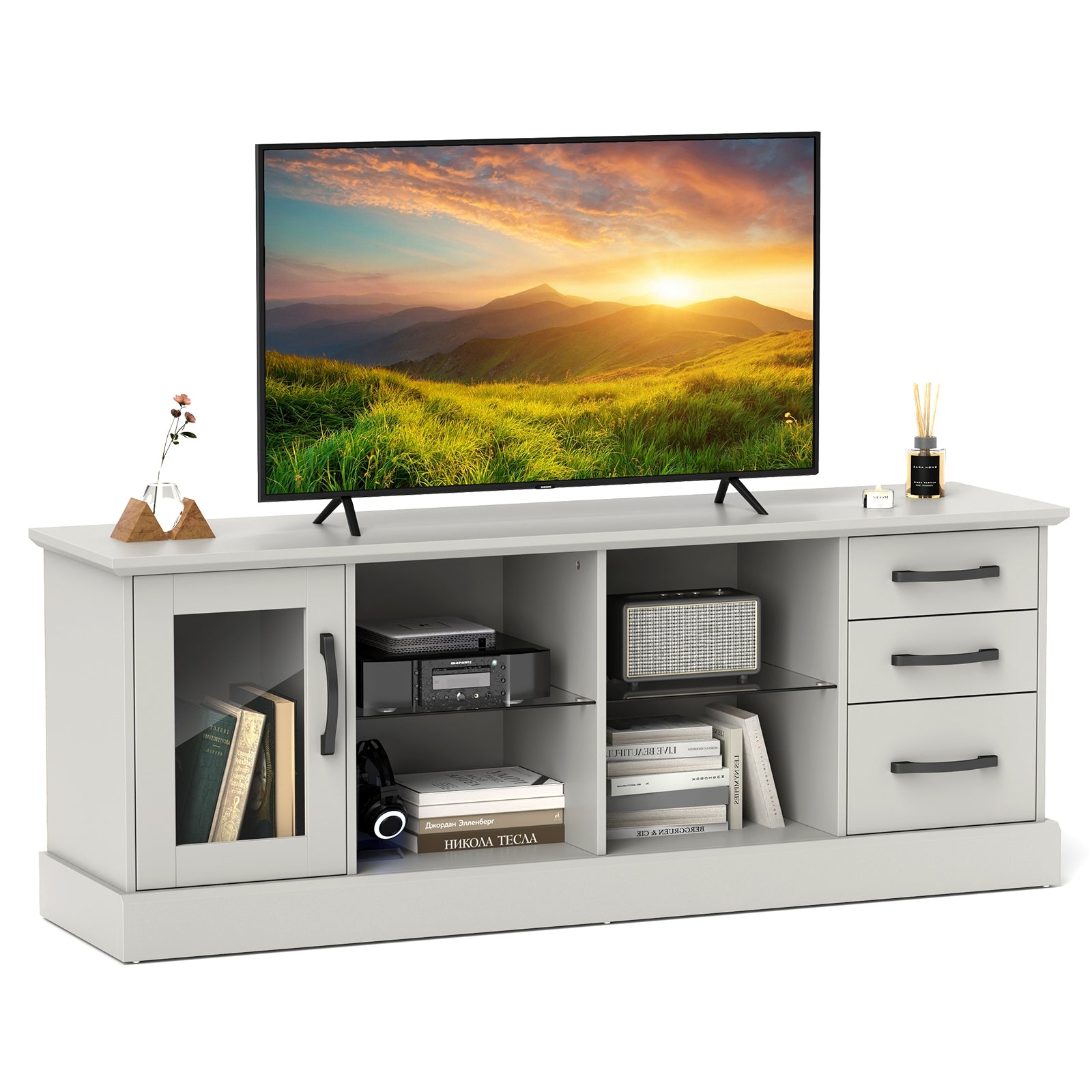 63 Inches Media Console Table with 3 Drawers and 2 Glass Shelves, Gray Entertainment Centers & TV Stands at Gallery Canada