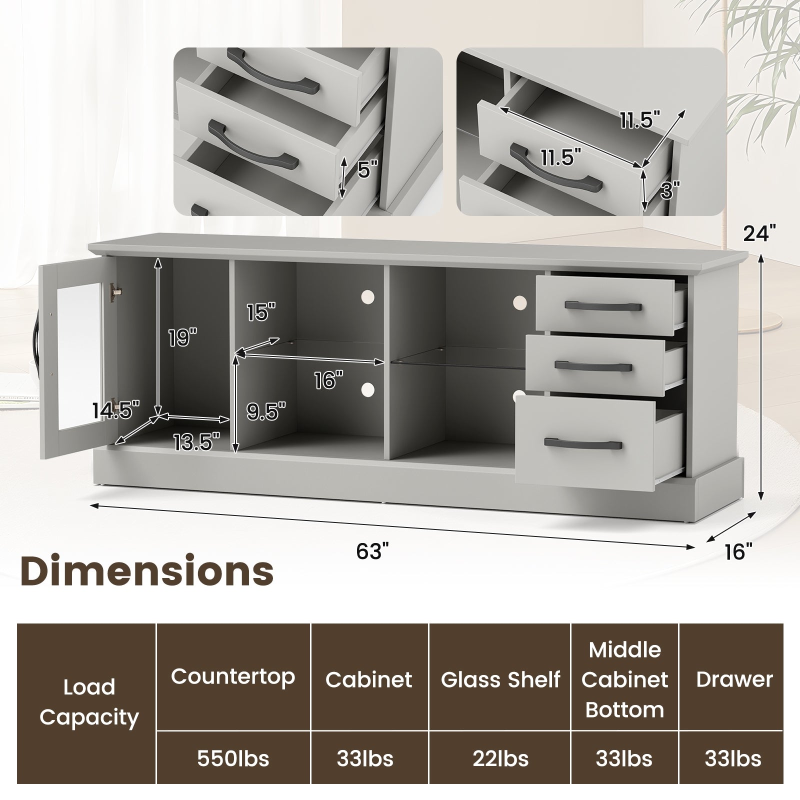 63 Inches Media Console Table with 3 Drawers and 2 Glass Shelves, Gray Entertainment Centers & TV Stands at Gallery Canada