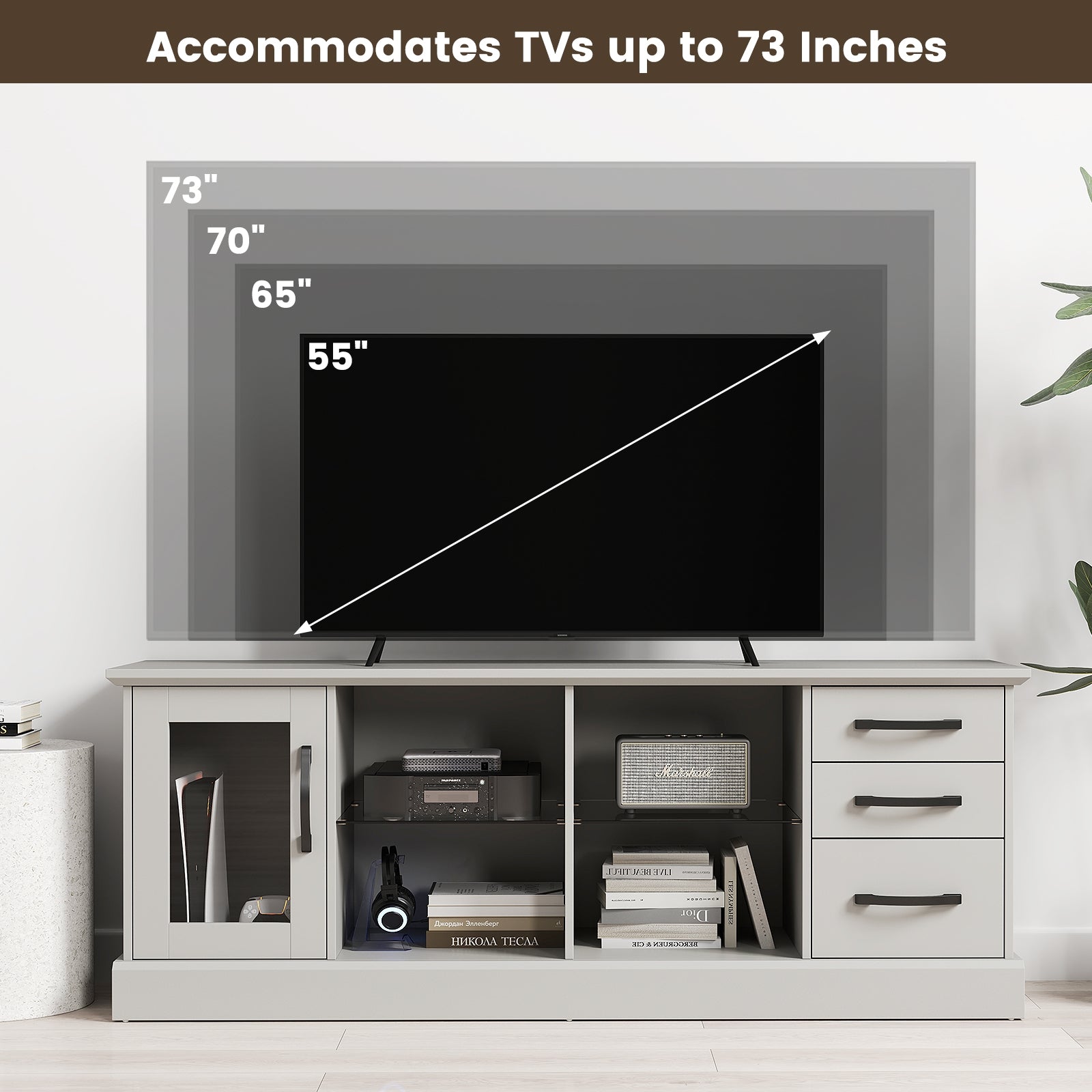 63 Inches Media Console Table with 3 Drawers and 2 Glass Shelves, Gray Entertainment Centers & TV Stands at Gallery Canada
