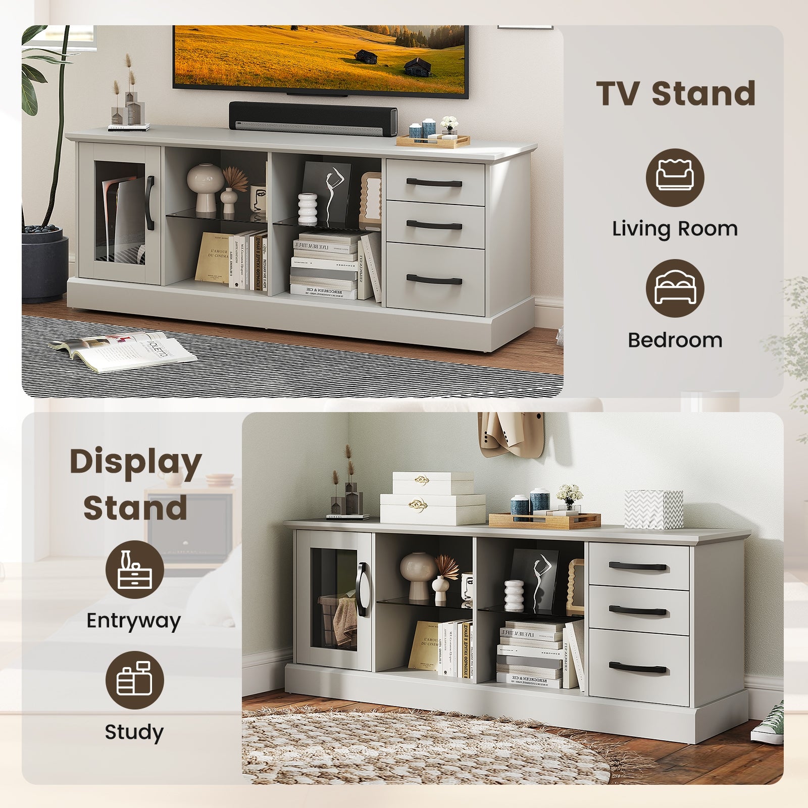 63 Inches Media Console Table with 3 Drawers and 2 Glass Shelves, Gray Entertainment Centers & TV Stands at Gallery Canada