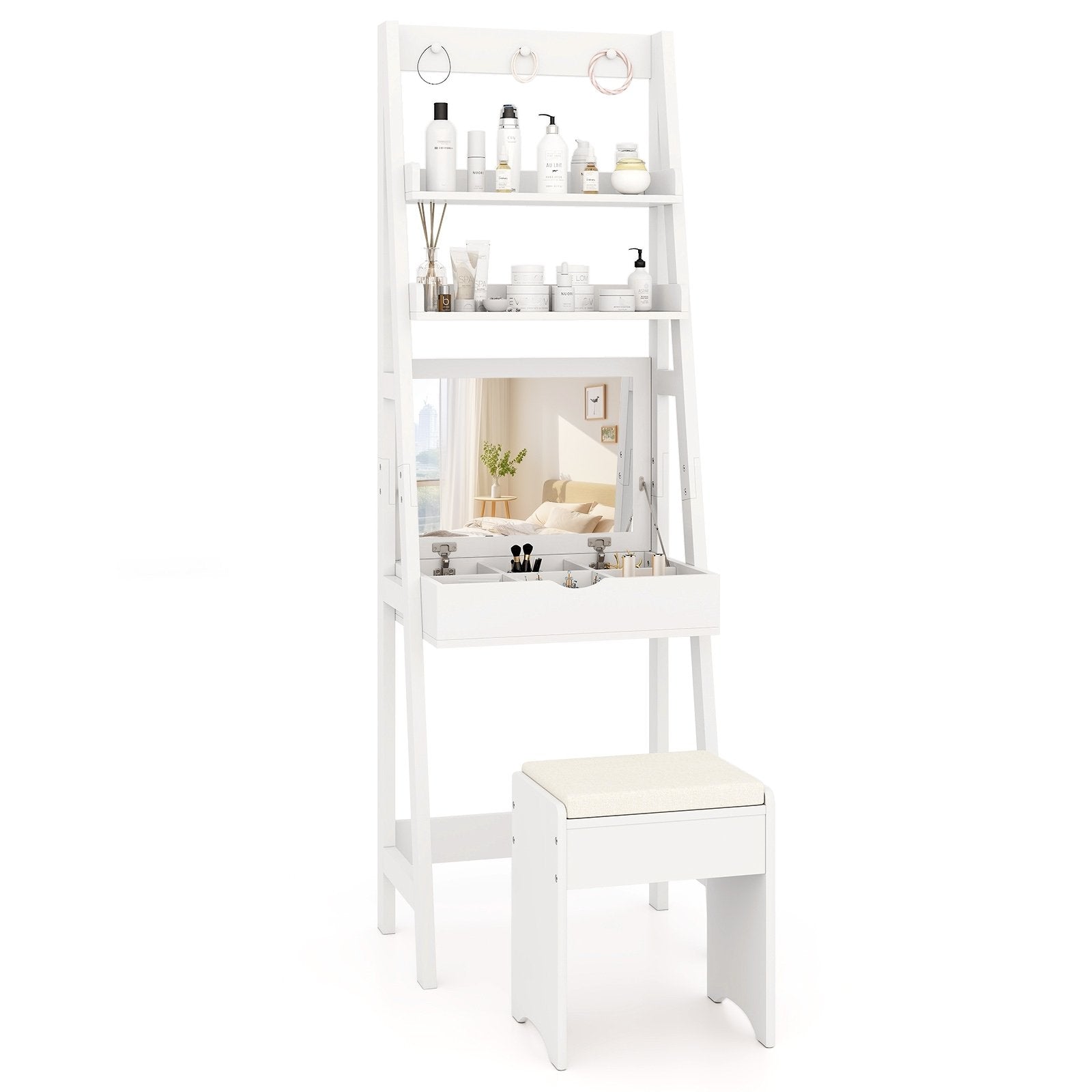 Vanity Desk Set with Flip Top Mirror Hidden Storage Compartments and Cushioned Stool, White Makeup Vanities at Gallery Canada