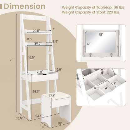 Vanity Desk Set with Flip Top Mirror Hidden Storage Compartments and Cushioned Stool, White Makeup Vanities at Gallery Canada