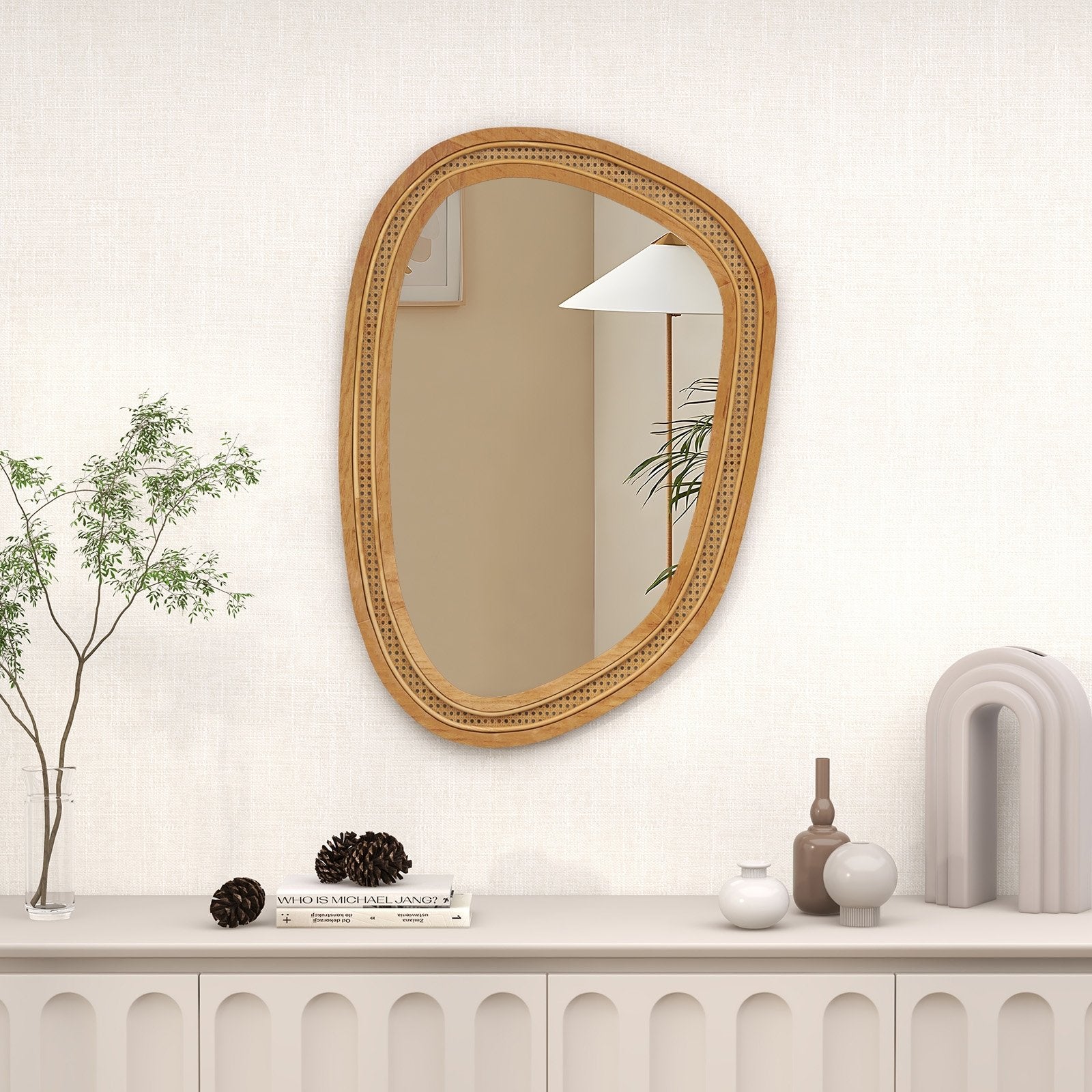 33 Inches x 23.5 Inches Irregular PVC Rattan Wall Mirror with Wooden Frame, Natural Wall Mirrors at Gallery Canada