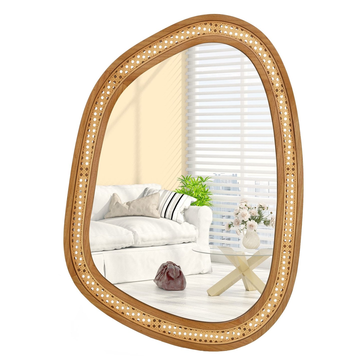 33 Inches x 23.5 Inches Irregular PVC Rattan Wall Mirror with Wooden Frame, Natural Wall Mirrors Natural at Gallery Canada