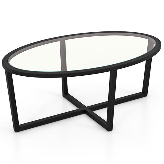 Glass Coffee Table Oval Living Room Table with Cross Base and Acacia Wood Legs, Black Coffee Tables Black  at Gallery Canada