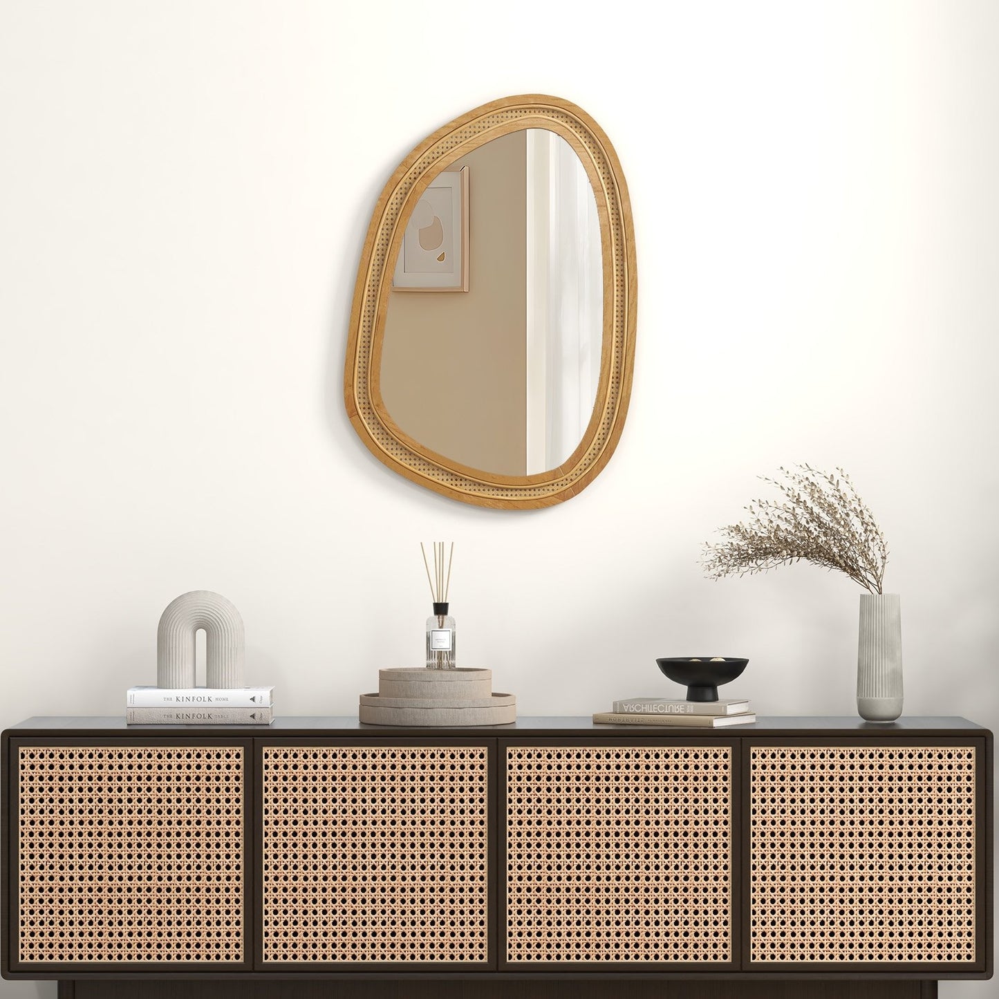 33 Inches x 23.5 Inches Irregular PVC Rattan Wall Mirror with Wooden Frame, Natural Wall Mirrors at Gallery Canada