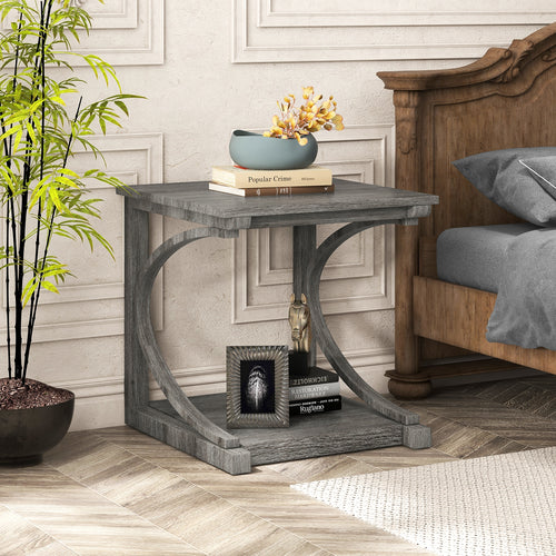 C-shaped 24 Inch 2 Tier Square End Table Sofa Side Table-Grey, Gray