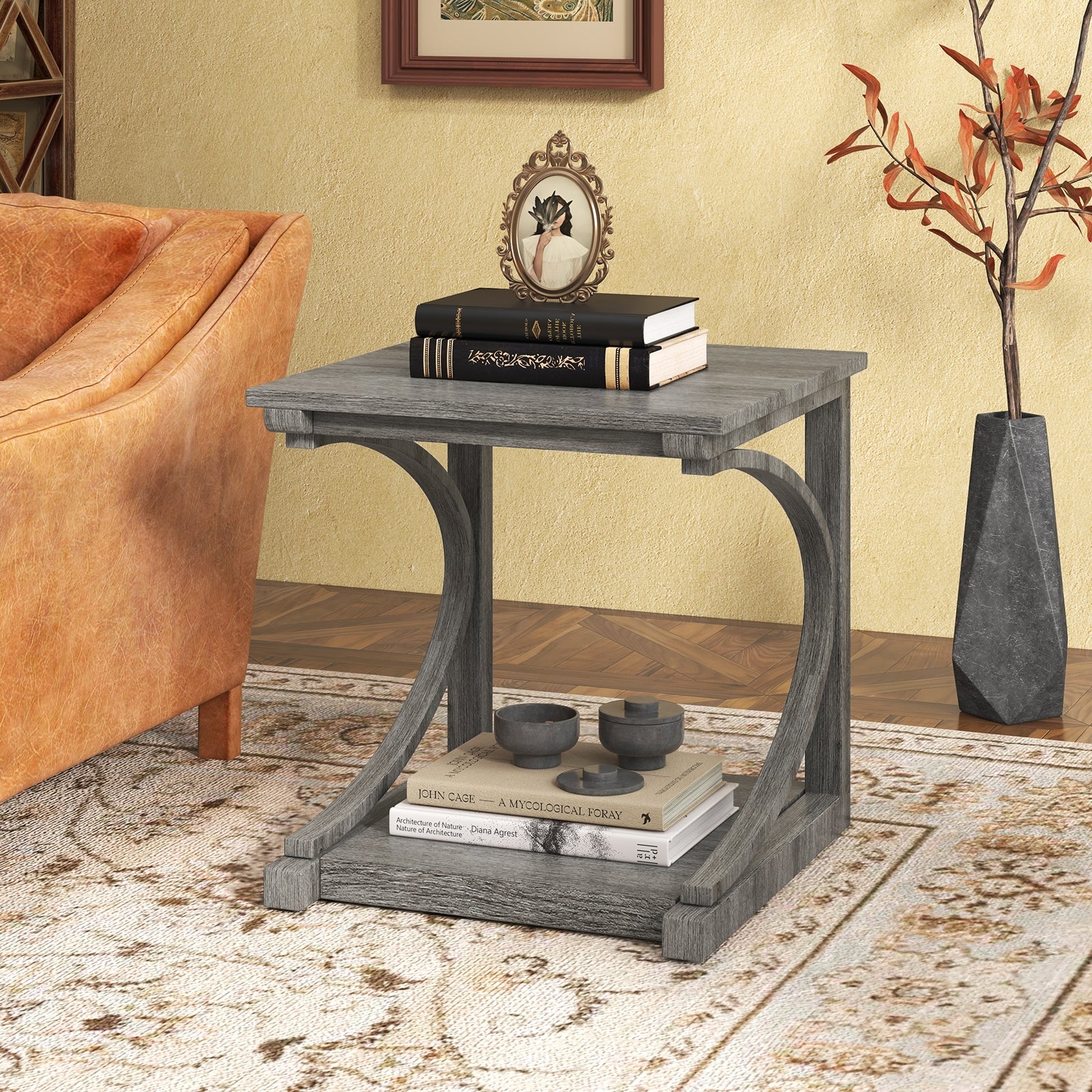 C-shaped 24 Inch 2 Tier Square End Table Sofa Side Table-Grey, Gray End & Side Tables at Gallery Canada