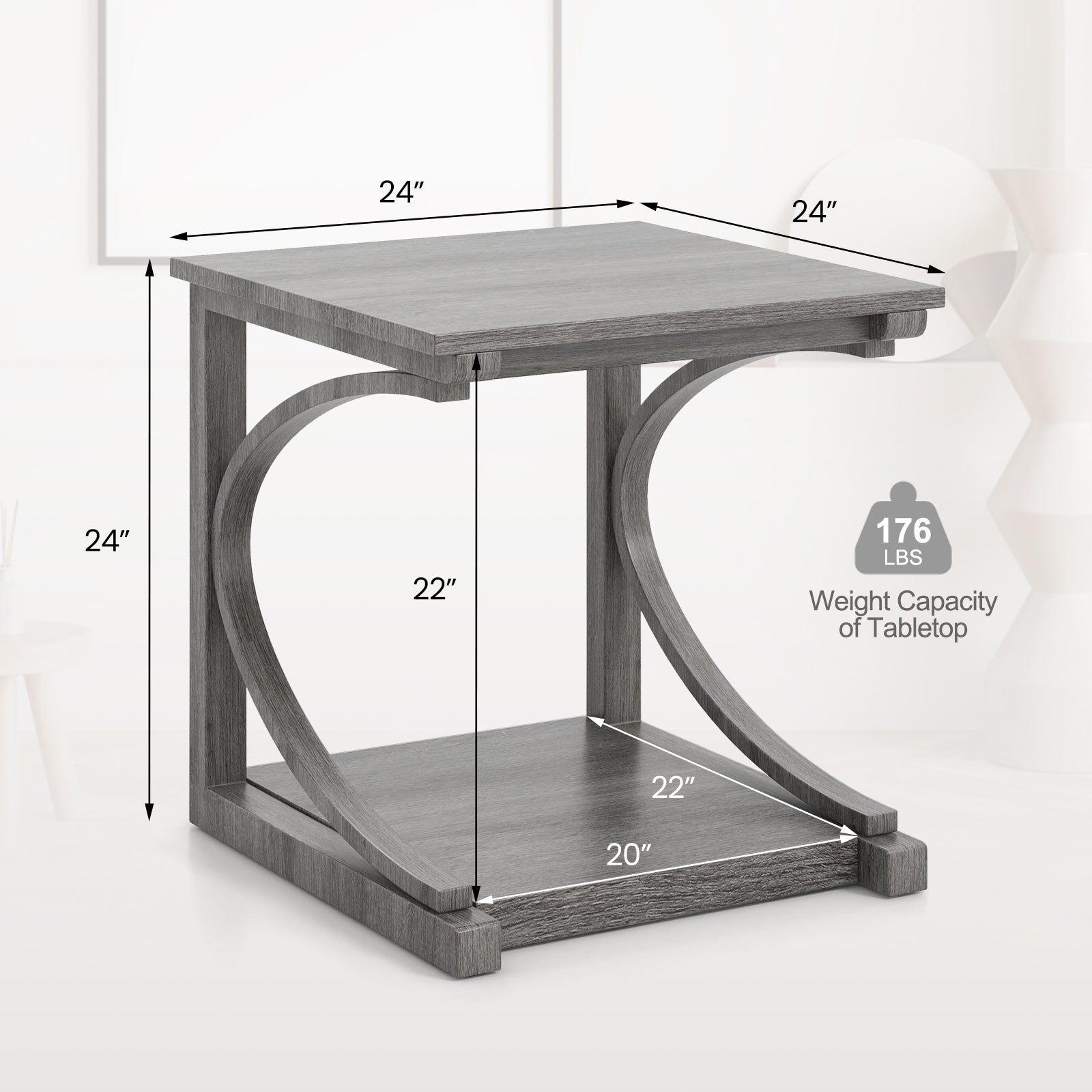C-shaped 24 Inch 2 Tier Square End Table Sofa Side Table-Grey, Gray End & Side Tables at Gallery Canada