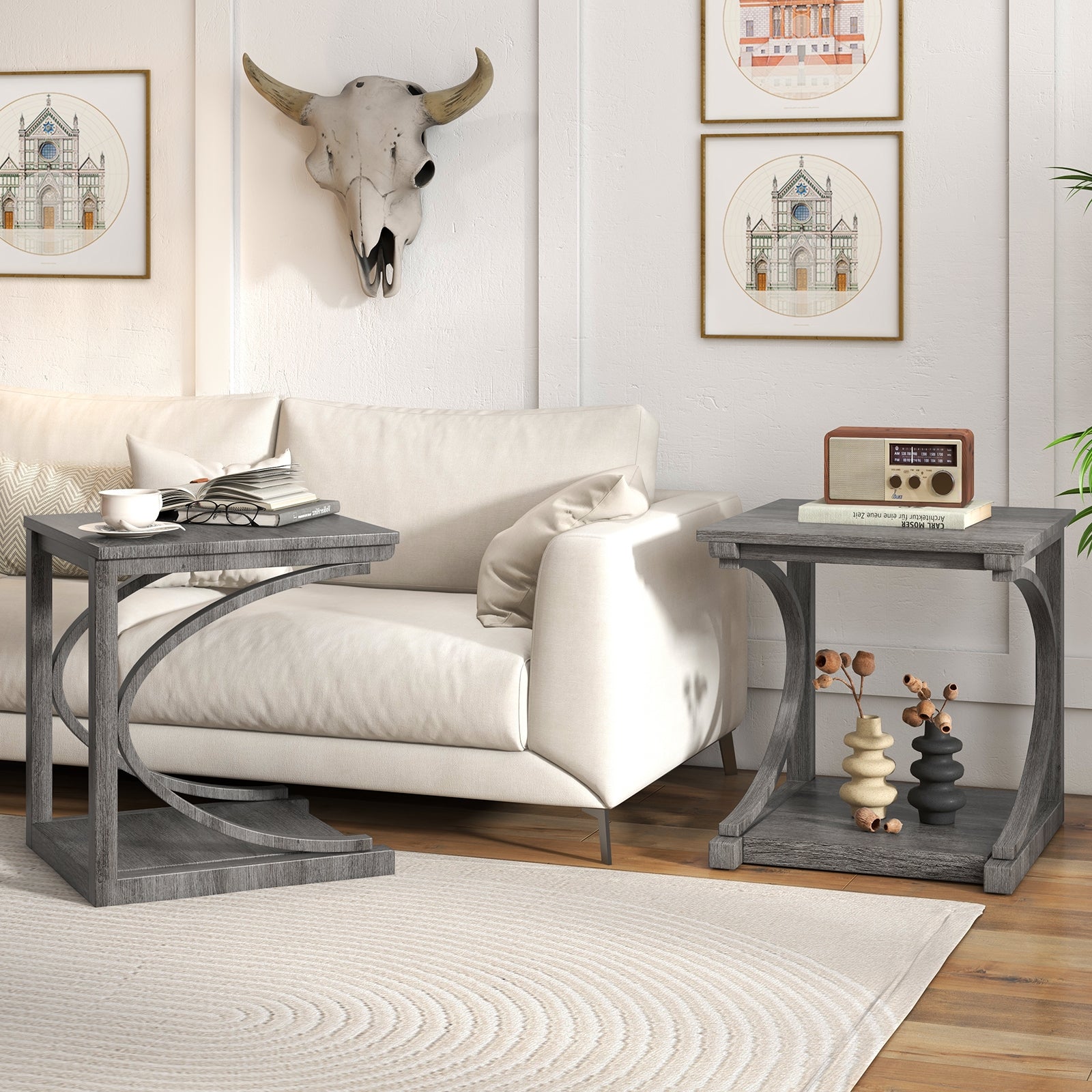C-shaped 24 Inch 2 Tier Square End Table Sofa Side Table-Grey, Gray End & Side Tables at Gallery Canada