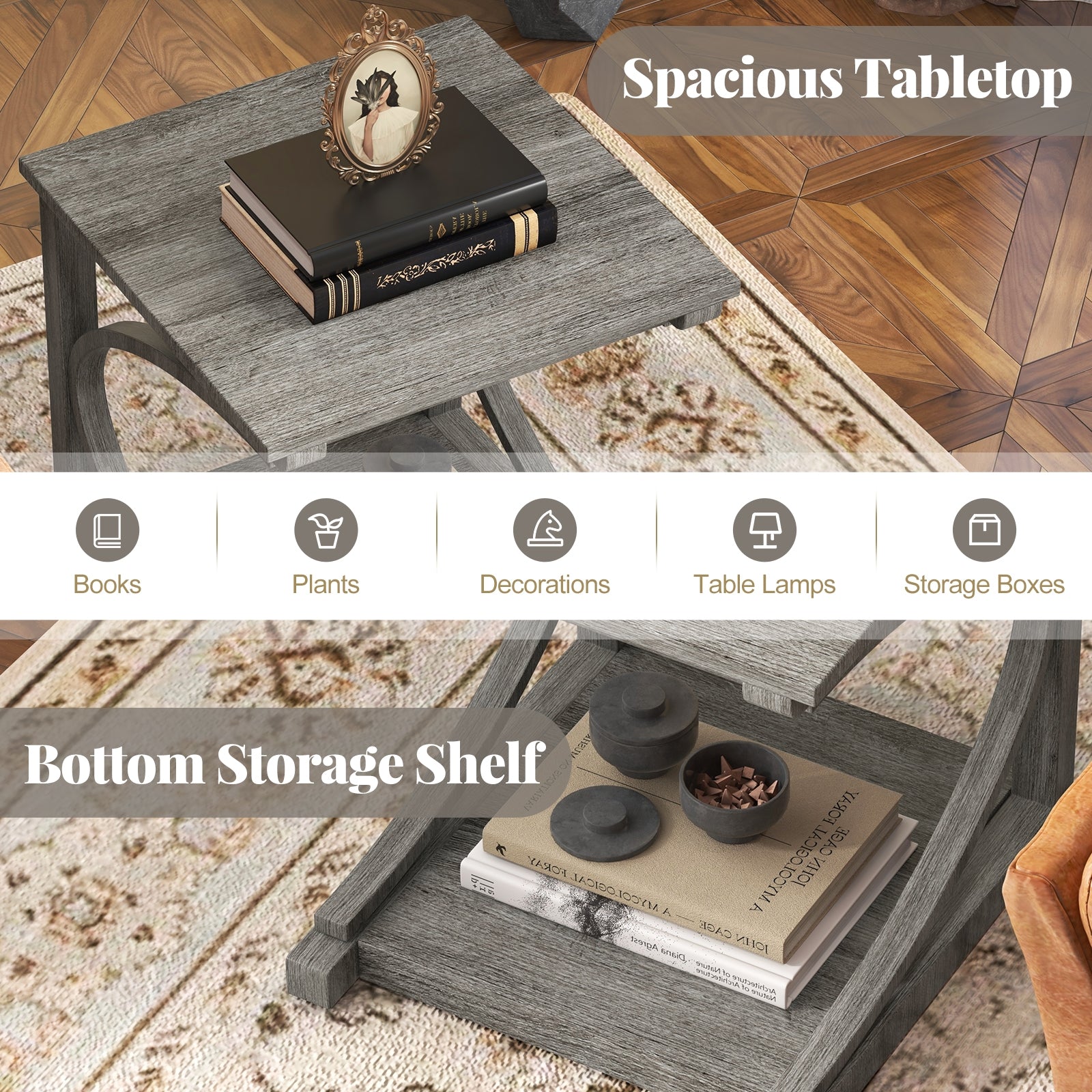 C-shaped 24 Inch 2 Tier Square End Table Sofa Side Table-Grey, Gray End & Side Tables at Gallery Canada