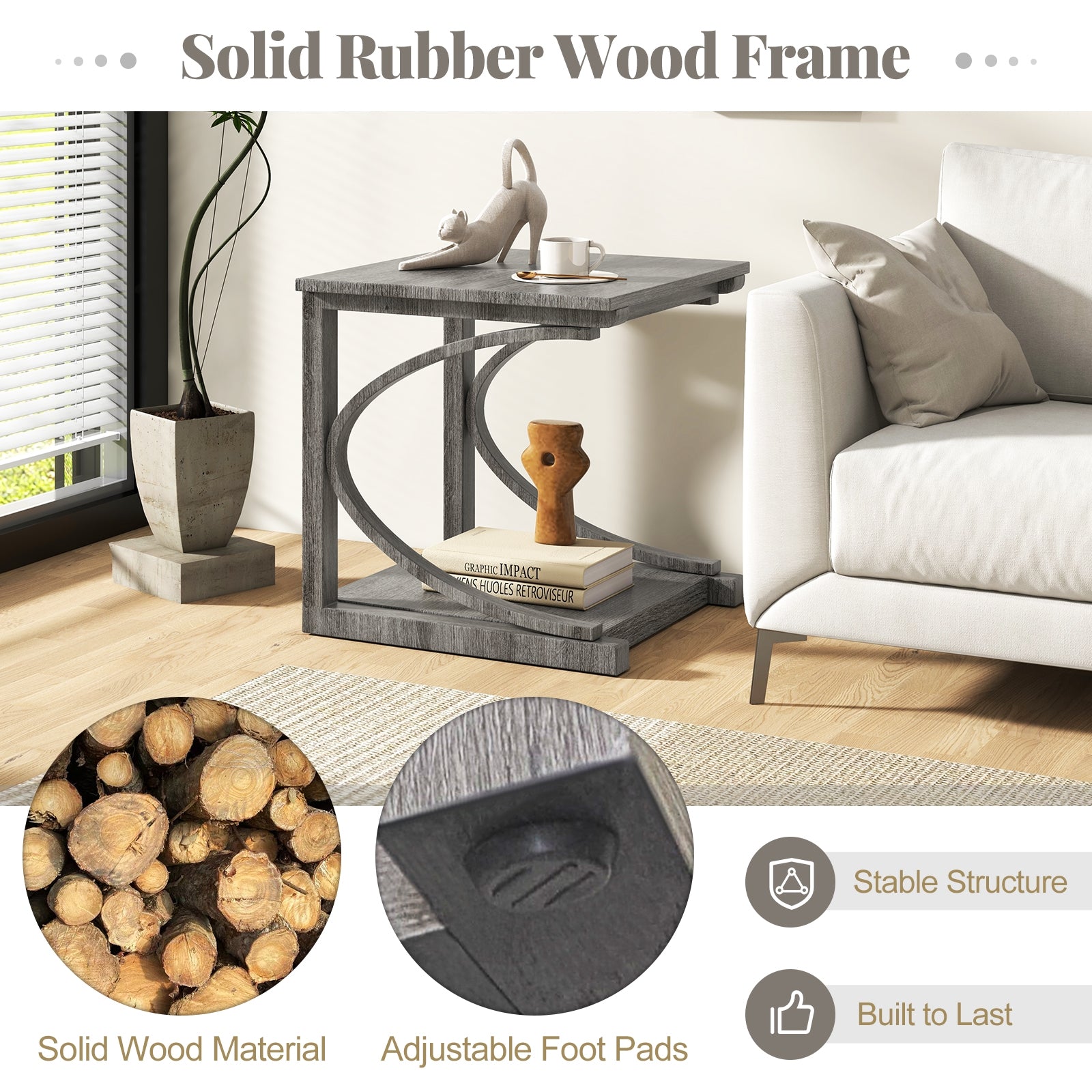 C-shaped 24 Inch 2 Tier Square End Table Sofa Side Table-Grey, Gray End & Side Tables at Gallery Canada