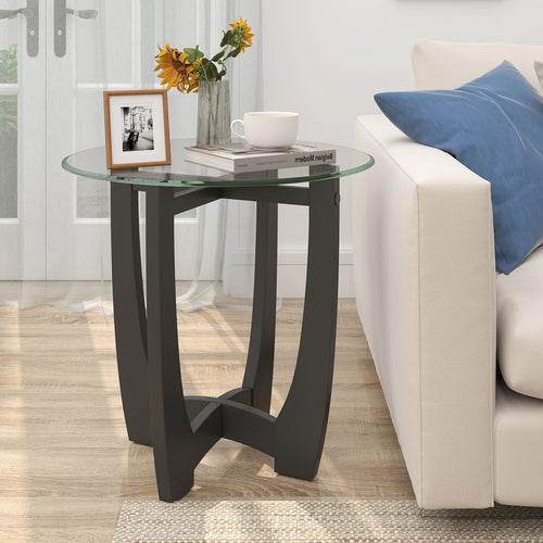 23.5 Inch Round End Side Table with Tempered Glass Tabletop, Black