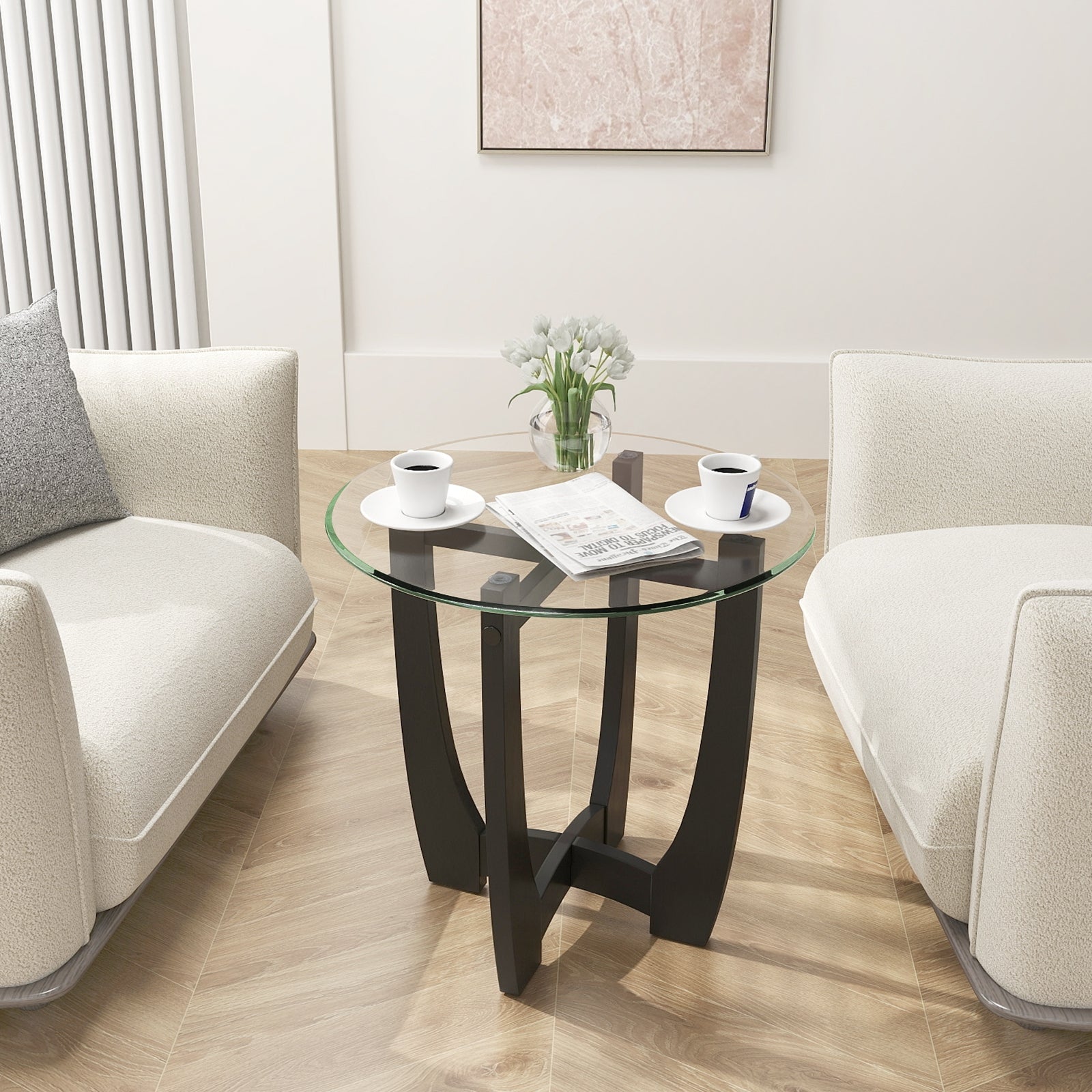 23.5 Inch Round End Side Table with Tempered Glass Tabletop, Black End & Side Tables at Gallery Canada
