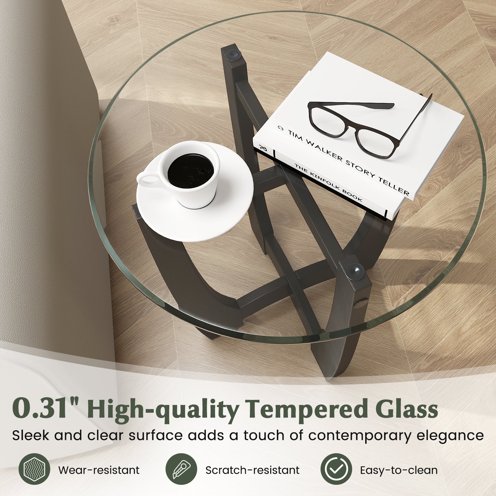 23.5 Inch Round End Side Table with Tempered Glass Tabletop, Black End & Side Tables at Gallery Canada