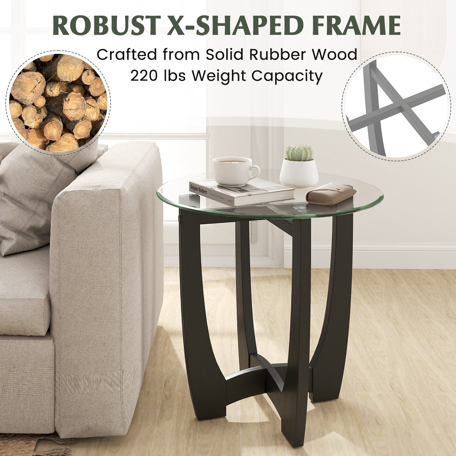 23.5 Inch Round End Side Table with Tempered Glass Tabletop, Black End & Side Tables at Gallery Canada